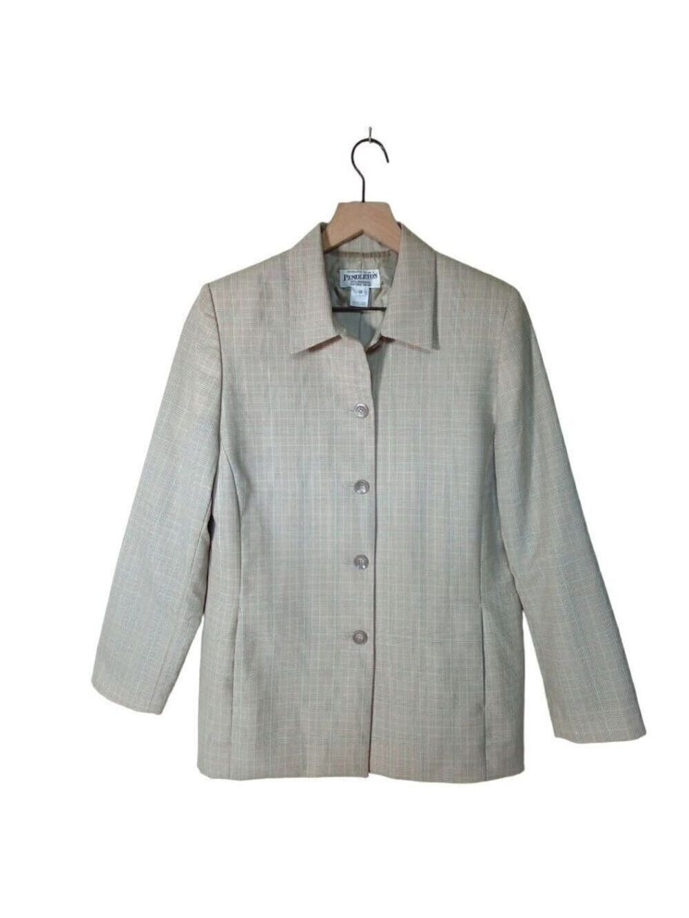 PENDLETON Vintage Tan Houndstooth Long Single Breasted Wool Blazer Jacket Sz 10